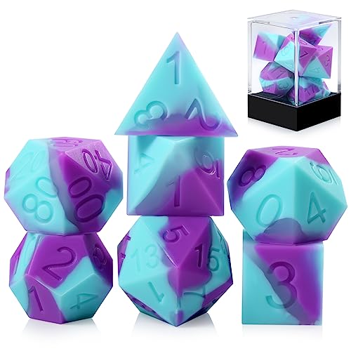 DNDND Dungeons and Dragons Würfel-Set, Silikon, Gummi, mit transparenter Kunststoff-Vitrine, für DND-Rollenspiele und Tischspiele, Violett, Blau, 7 Stück von DNDND