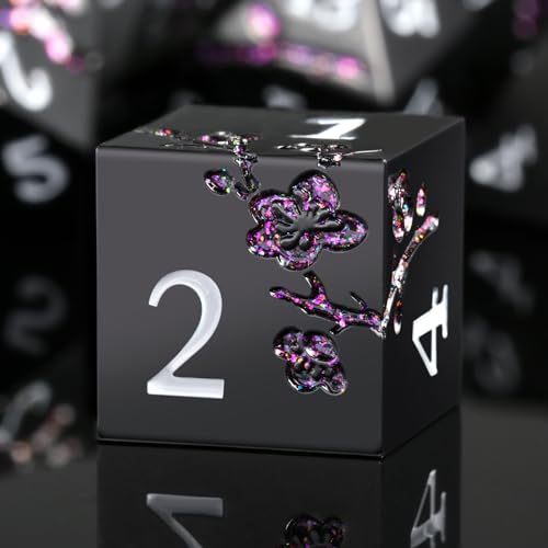 DNDND Glitter Purple Metal D&D Dice, 7 PCS Flower Metallic DND Dice Set with Grogeous Gift Case for Dungeons and Dragon Tabletop Game (Matte Black with Glitter Purple Flower) von DNDND