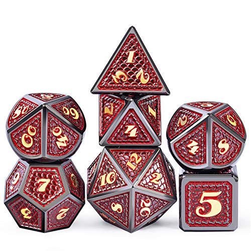 DNDND Metal Dungeons and Dragons Würfel-Set, 7-teilig, Drachenschuppe, metallisch, D&D-Würfel mit Geschenk-Metalldose für DND-Spiele (rot mit schwarzem Rand) von DNDND