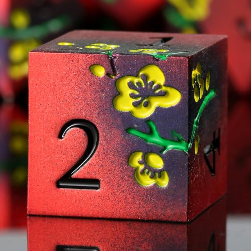 DNDND Metallwürfel, 7 Stück, metallische Blumen, D&D-Würfel mit wunderschöner Geschenkbox für D&D Dungeons and Dragon Tischspiele (rot und gelb) von DNDND