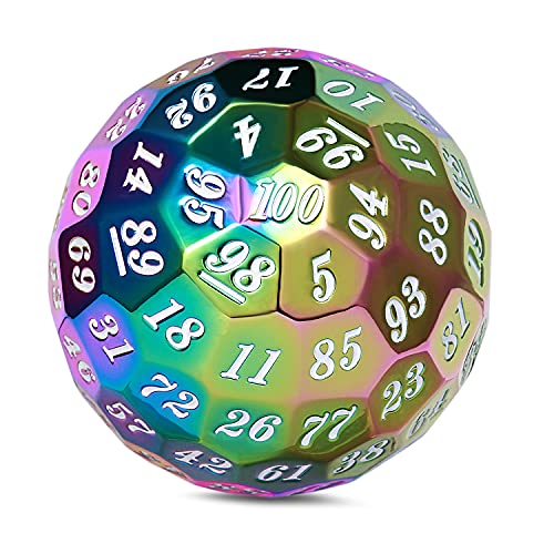 DNDND Rainbow D100 Metall-Würfel, 50 mm, 100 Seiten, Polyedrischer Würfel mit Metallgehäuse und Samtbeutel für Tischspiele (Regenbogen mit weißer Zahl) von DNDND