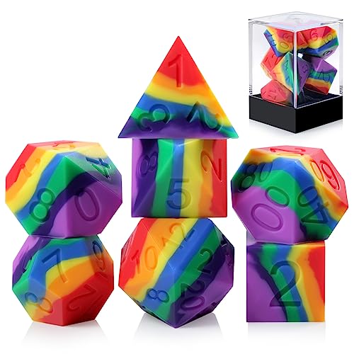 DNDND Silikon-DND-Würfel-Set, 7-teilig, Silikon Squishy Gummi D&D-Würfel mit transparenter Kunststoff-Vitrine für Dungeons and Dragons, Rollenspiele und Tischspiele (Regenbogen) von DNDND