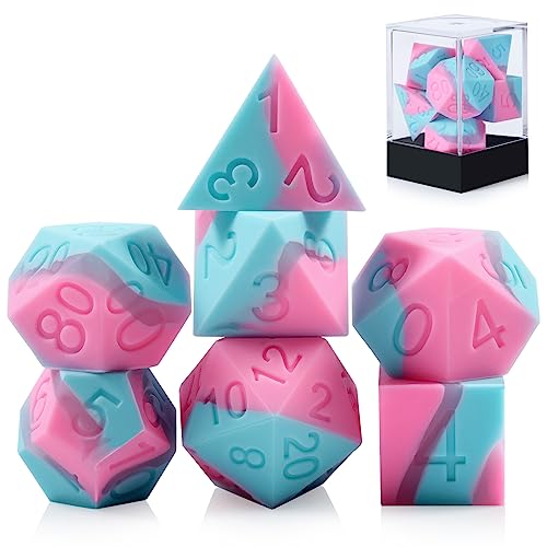 DNDND Silikon-Würfel-Set, ein komplettes Set von D&D-Würfeln aus Silikongummi mit transparenter Kunststoff-Vitrine für Dungeons and Dragons Tischspiele (blau, rosa, grau) von DNDND