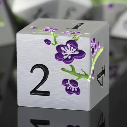 Flower Silver Metal Dice, DNDND 7 PCS Heavy Metallic D&D Dice Set with Grogeous Gift Case for Dungeons and Dragon Tabletop Game (Matte Silver with Purple Flower) von DNDND