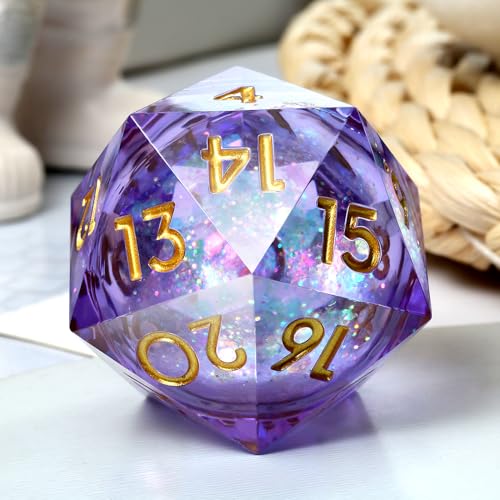 Flüssige Würfel D20, 33 mm, DNDND Glitzer und Pailletten, flüssig, 20-seitig, Spindown-Würfel mit wunderschöner Geschenkbox für Dungeons und Drachen, Lila von DNDND