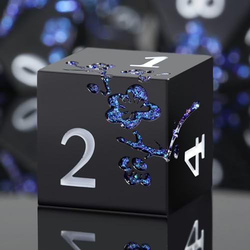 Glitter Blue D&D Metal Dice, DNDND 7 PCS Flower Metallic DND Dice Set with Grogeous Gift Case for Dungeons and Dragon Tabletop Game (Matte Black with Glitter Blue Flower) von DNDND