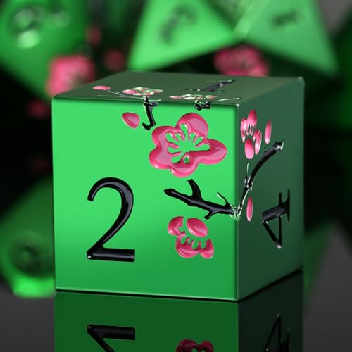 Matt Green Metal Dice Set, DNDND 7 PCS Heavy Metallic D&D Dice Set with Grogeous Gift Case for Dungeons and Dragon Tabletop Game (Matte Green with Pink Flower) von DNDND