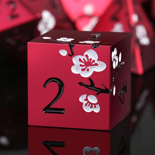 Matt Red DND Metal Dice, DNDND 7 PCS Heavy Metallic D&D Dice Set with Grogeous Gift Case for Dungeons and Dragon Tabletop Game (Matte Red with White Flower) von DNDND