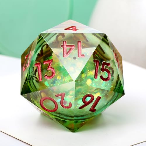 Spindown D20-Würfel, 33 mm, DNDND Glitzer und Pailletten, flüssiger Kern, D20-Würfel mit wunderschöner Geschenkbox für Dungeons und Drachen, Grün und Orange von DNDND