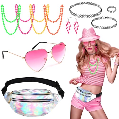 80er 90er Jahre Outfit Damen Accessoires, Aerobic Outfit 80er Damen Mottoparty mit Bauchtasche Neon, Sonnenbrille, Ohrring, Halskette für Neon Party Outfit, Karneval, Fasching von DNGH