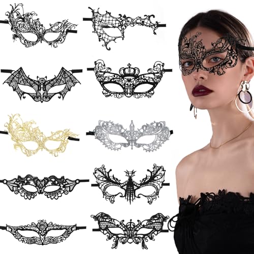 Venezianische Maske Damen 10 stk Maskerade Spitzenmaske Maskenball Frau, Masquerade Mask Women für Kostümball Karneval Halloween Cosplay von DNGH