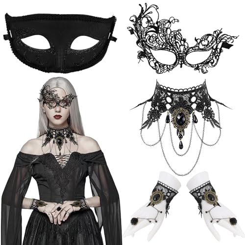 Venezianische Maskerade Maske für Paare Masquerade Maskenball Damen Herren, Spitzenmaske Schwarz Damen set für Halloween Karneval Abendkleid Party von DNGH