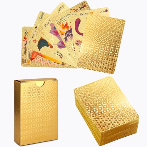 55 Stück Gold Karten for Pokemon, Vstar Vmax Goldfolienkarten mit Deck Box, V Sortierte Karten, Vergoldete Karte Einschließlich Verschiedener Seltener Folienkarten，Englische Fassung von DNMH