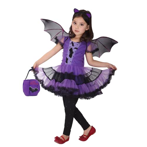 DNQCOS - Halloween Fledermauskostüm für Mädchen, Hexenkostüm, Tutu-Kostüm für Kinder (3-4T, Fledermausviolett) von DNQCOS