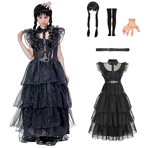 DNQCOS Schwarze Halloween Kostüme Kleid Mädchen Cosplay Weihnachtsfeier mit Perücken Cosplay Halloween Mädchen Schwarzes Blumenkleid Outfit (7-9 Years) (Black, 10-12 Years) von DNQCOS