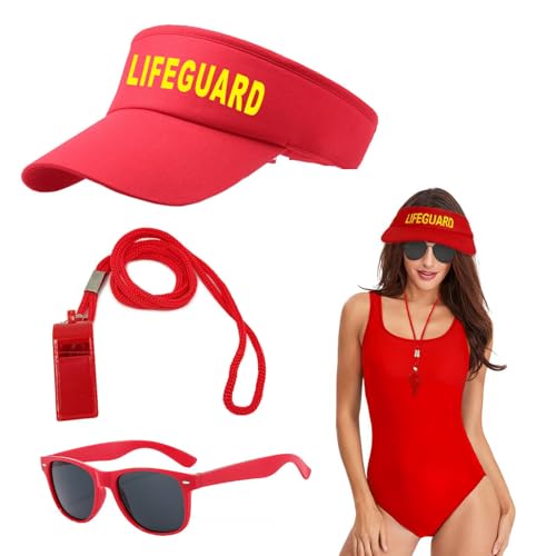 3-teiliges Rettungsschwimmer-Kostüm-Set mit Rettungsschwimmerhut und Wachpfeife,Fasching Kostüm, Karneval Verkleidung, Sonnenbrille, Rettungsschwimmer Zubehör, rot, verstellbare Sonnenschutz, Hut für von DNSHAN
