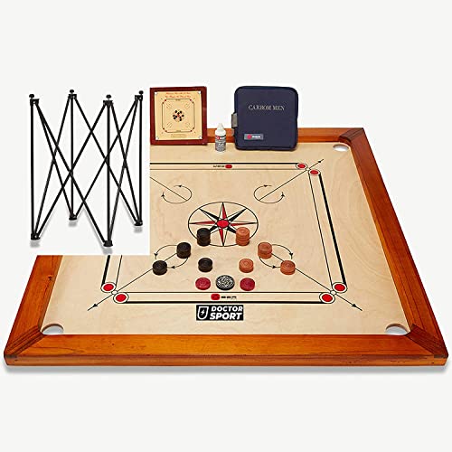 Carrom Spiel - Karom Spielbrett - Komplett Kikar Natur Holz - India Made - Steinen Striker in kleine Tasche - Perfekt und Komplett (mit Tisch) von DOCTOR SPORT