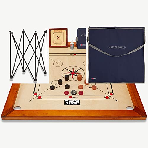 DOCTOR SPORT Carrom Spiel - Karom Spielbrett - Komplett Kikar Natur Holz - India Made - Steinen Striker in kleine Tasche - Perfekt und Komplett (mit Tisch und Tasche) von DOCTOR SPORT