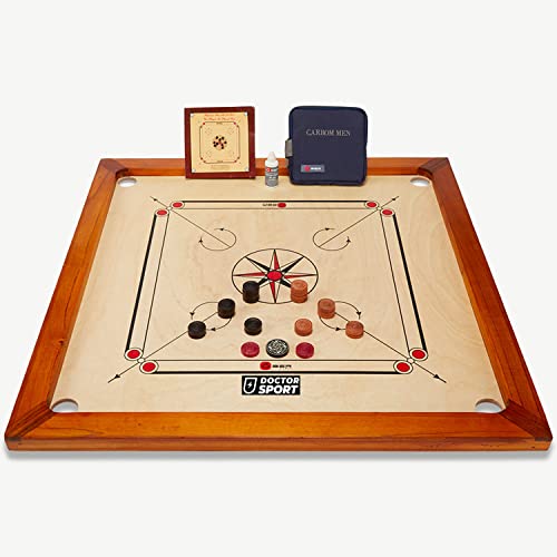 Doctor Sport Carrom Spiel - Karom Spielbrett - Komplett Kikar Natur Holz - India Made - Steinen Striker in kleine Tasche - Perfekt und Komplett (nur Brett) von DOCTOR SPORT