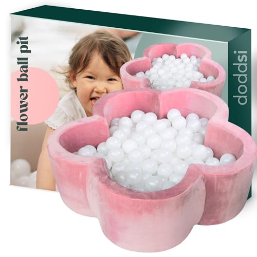 DODDSI Bällebad Bällepool Blumen 100x30cm - Superweicher Samt - 200 Perlen-Bälle im Set -Spielbecken Blumenförmiger Bällebad für Kinderzimmer oder Spielbereich - ROSA von DODDSI