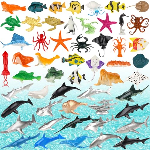 DOITEM 54 Stück Tiere-Figuren Set Ocean Spielfiguren Spielzeug Meerestier-Figuren Tierfigur kleine-Tiere Plastiktiere Mini-Tiere, Meer Ozean Fisch, zum Spielen oder als Deko von DOITEM