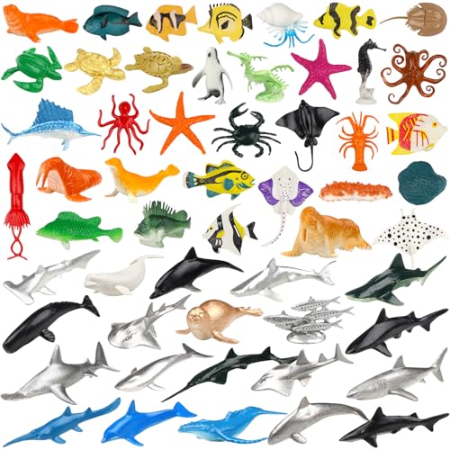 DOITEM 54 Stück Tiere-Figuren Set Ocean Spielfiguren Spielzeug Meerestier-Figuren Tierfigur kleine-Tiere Plastiktiere Mini-Tiere, Meer Ozean Fisch, zum Spielen oder als Deko von DOITEM