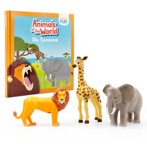 DOKTOR FUN 3 Spielzeug-Tierfiguren - Entdecke die Savanne - Löwe-, Elefant- und Giraffe-Miniaturen - Enthält EIN illustriertes Buch mit 3 Geschichten und Kuriositäten Kinder ab 3 Jahren von DOKTOR FUN