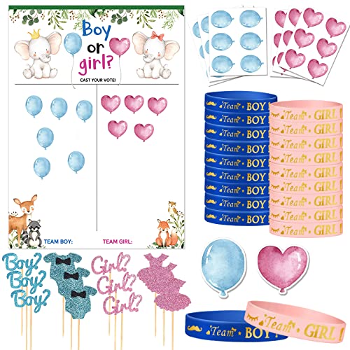 Gender Reveal Party Deko Geschlecht Verkünden 1 Stk Abstimmung Poster 36 Pcs Stickers 20 Pcs Team Girl or Boy Armbänder 13 Pcs Tortendeko Cake Cupcake Topper Spiele Mitgebsel für Enthüllung Party von Buosha