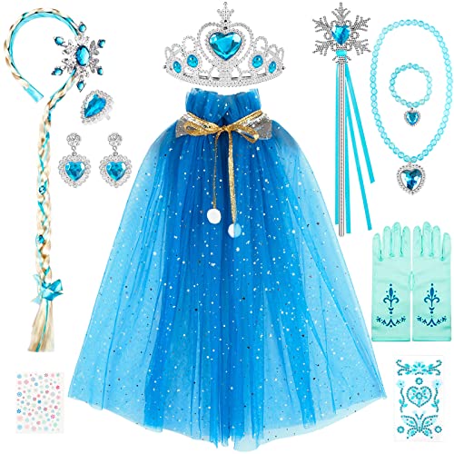 12 PCS ELSA Kostüm Kinder Mädchen, Prinzessin Kostüme Zubehör Mädchen Krone Kinder Umhang Zauberstab Geschenk für Mädchen Tochter Geburtstag Karneval Cosplay Party von DONGQI