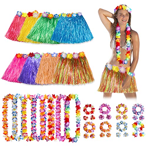 40 Stück Hawaii Party Kostüme Set, Grass Rock Set,mit Hawaiian Hula, Blume Stirnband, Blumen Armband, Halskette Girlande für Frauen Sommer Strand Tropische Party Dekoration von DONGQI