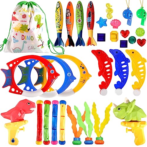 DONGQI 32 Stück Tauchen Spielzeug Unterwasser,Tauchringe für Kinder Set, Wasserspielzeug Kinder mit Tauchringe Edelsteine,Unterwasser Tauchen Spielset für Kinder Jungen Mädchen mit Drawstring Tasche von DONGQI