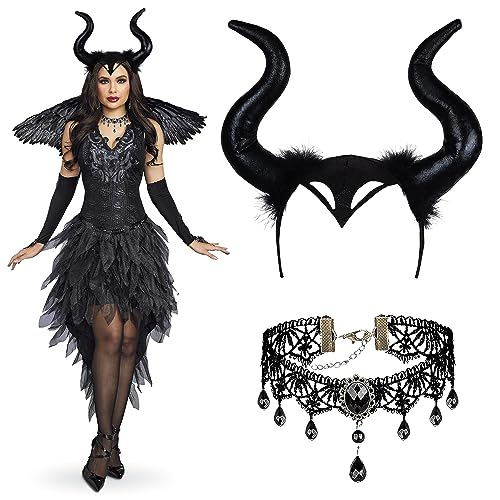 2TLG Königin Hörner Kostüm Set, Hörner Kopfschmuck mit Gothic Spitze Halskette, Maleficent Kostüm Hörner, Teufel Kopfschmuck, Königin Hörner Kopfschmuck für Halloween Karneval Fasching Cosplay von DONGSZQ