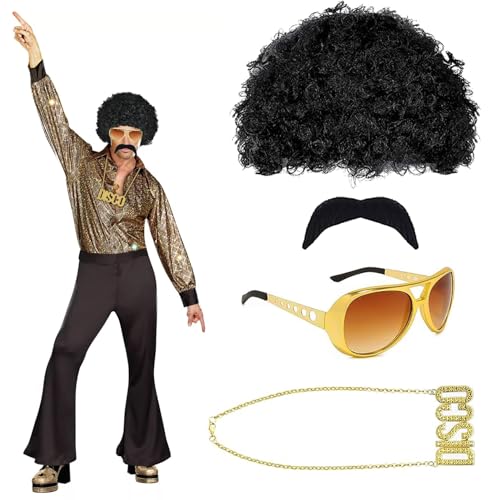 DONGSZQ Hippie Perücke Herren, Hippie Kostüm Set, 70er 80erJahre Disco Afro Perücke Hippie Accessories, Sonnenbrille Halskette Bart Männer Cosplay Karnevals Halloween Theme Party von DONGSZQ