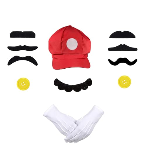 DONGSZQ 12 Stück Super Bros Kostüm, Bros Kostüm Zubehör, Super Bros Hut, Gelbe Knöpfe, Super Bros Bart, Handschuhe, Super Bros Karneval Kostüme, Für Cosplay, Maskerade, Halloween Mottoparty von DONGSZQ