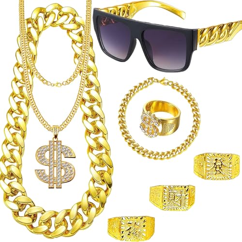 DONGZQAN 8 Stück Gangster Zuhälter Kostüm Goldkette Fasching, Hip Hop Rapper Kostüm, 80er/90er Jahre Outfit Herren, Dollar Kette/Große Goldene Kette/Dollar Ring/Goldenes Armband von DONGZQAN