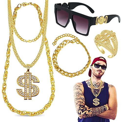 DONGZQAN 5 Stück Zuhälter Kostüm Set, Hip Hop Accessoires, 80er/90er Rapper Accessoires, Große Goldene Kette/Dollar Ring/Goldenes Armband/Dollar Kette/Schwarze Rahmenbrille von DONGZQAN