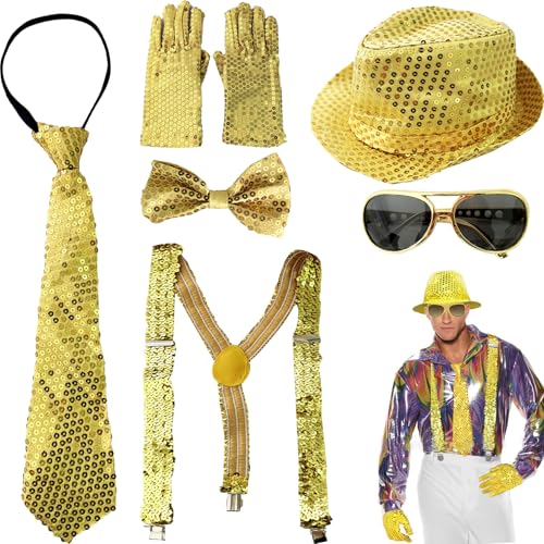 DONGZQAN 7PCS Glitzer Outfit Herren Glitzer Kostüm, Fasching Kostüm Herren, Disco Outfit Herren, Glitzer Accessoires Herren, Glitzer Hut Herren für Fasching Party Dance Performance (Gold) von DONGZQAN