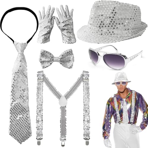 DONGZQAN 7PCS Glitzer Outfit Herren Glitzer Kostüm, Fasching Kostüm Herren, Disco Outfit Herren, Glitzer Accessoires Herren, Glitzer Hut Herren für Fasching Party Dance Performance (Silber) von DONGZQAN