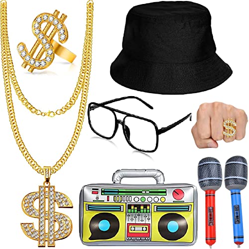 DONGZQAN 80er Jahre Accessoires Herren, Rapper Outfit, 7 Stück Hip Hop Kostüm Kit, Rapper Kostüm, Einschließlich Halsketten, Ringe, Radioboxen und Andere Kleidung Der 80er / 90er Jahre von DONGZQAN