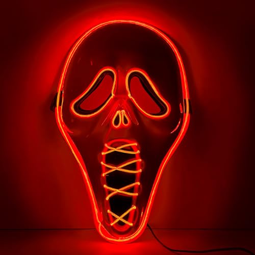 DONGZQAN Halloween-Scream-Masken, LED-Maske in mehreren Lichtmodi, Ghostface-Maske, gruselige Halloween-Kostüme für Männer, Erwachsene, Kinder, Jungen, anonyme Neonmaske, Halloween-Geschenke (rot) von DONGZQAN