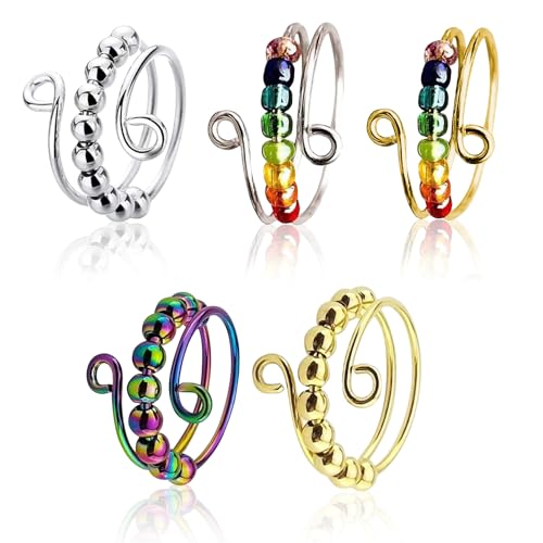 5 Stück Skill Ringe,Adhs Ring,Verstellbare Anti Stress Ring,Skills Set Stress Erwachsene,Fidget Spielzeug,Angst Spinning mit Perlen,Offene Spinner Damen,Anxiety Stressringe für Mädchen und Frauen von DONOONIS