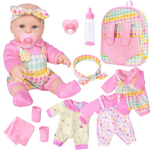 DOTVOSY Baby-Puppe für Mädchen, mit Rucksack, 30,5 cm, 30,5 cm, mit 3 Sets Kleidung und Zubehör, rosa Einstecktuchflasche und Brustwarzenspielzeug, Geschenk für Babys, Kleinkinder, Alter 3 Jahre von DOTVOSY