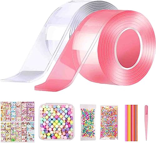 2 Rollen Nano Tape Bubbles Set, Elastic Bubble DIY Craft Kit mit Pailletten, Zuckergranulat und Stroh, Nano Klebeband Set, Nano Doppelseitiges Klebeband für Mädchen, Jungen von DOUKI