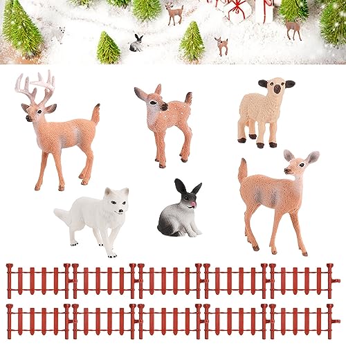 DOUSELLA 6 Stück Wald Tiere Figuren Mini Tiere Spielfiguren Miniatur Wald Kreaturen Figuren Realistische Tierfiguren Kunststoff Deer Figuren Weihnachten Tierfiguren mit Mini Zaun für Weihnachten Deko von DOUSELLA