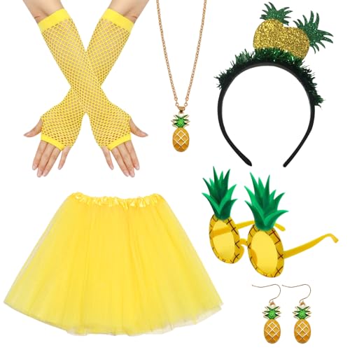 DOWNDRIFT Ananas Kostüm Damen Karneval Kostüm Accessoire Gold Tutu Tropischer Ananas Haarreif Sonnenbrille Ananas Ohrringe Halskette Fischnetz Handschuhe Hawaii Karneval Kostüm Zubehör für Erwachsene von DOWNDRIFT