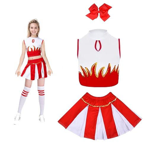 DOWNDRIFT Cheerleader Kostüm Mädchen Cheerleader Kostüm Kinder Kostüm Cheerleader Mädchen Cheerleading Kostüm Kinder mit Haarzubehör Karneval Kostüm Kinder Mädchen 140Rot von DOWNDRIFT