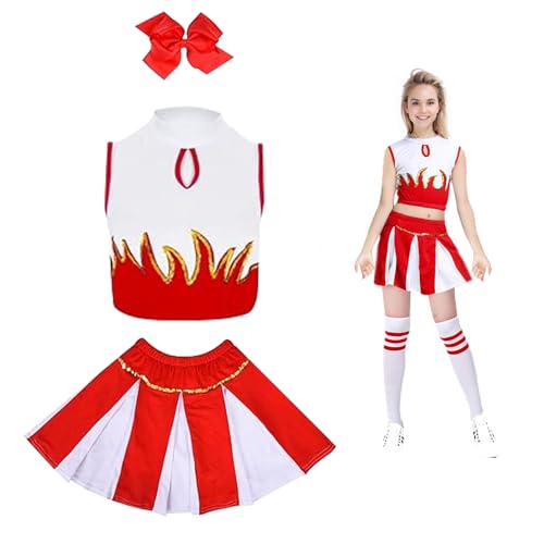 DOWNDRIFT Cheerleader Kostüm Rot Kinder, Cheerleader Kostüme für Kinder, Cheerleading Kostüm Kinder mit Haarzubehör Kinder Cheerleading Outfit Karneval Kostüm für Mädchen-150 von DOWNDRIFT