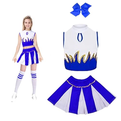 DOWNDRIFT Cheerleader Kostüm Mädchen Cheerleader Kostüm Kinder Blau Kostüm Cheerleader Mädchen Cheerleader Kostüme für Kinder mit Haarzubehör Kinder Cheerleading Outfit Karneval 140Blau von DOWNDRIFT