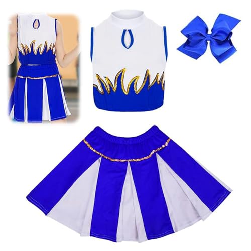 DOWNDRIFT Cheerleader Mädchen Blau, Cheerleader Kostüm Kinder Blau, Cheerleader Kostüme für Kinder mit Haarzubehör Kinder Cheerleading Outfit Karneval Rollenspiele-140 von DOWNDRIFT