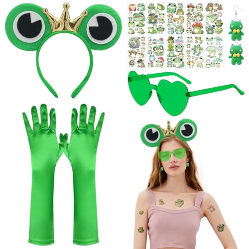 DOWNDRIFT Frosch Kostüm Set,5 Stück Frosch Kostüm Erwachsene Kinder Frosch Haarreif Frosch Handschuhe Grüne Herzbrille Frosch Kostüm Froschkönig Kostüm Erwachsene für Fasching Karneval Party Kostüm von DOWNDRIFT